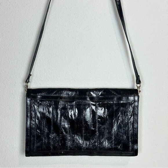 Vintage Black Eel Skin Leather 90s Convertible Shoulder Bag Clutch - Picture 3 of 8